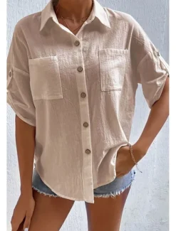Sale Women's Shirt Cotton Linen Shirts Button Up Blouse Plain Basic Casual Short Sleeve Shirt Collar Regular Tops Holiday Going out Buttons Pocket Black White Navy Blue Khaki Gray Summer Women Shirts