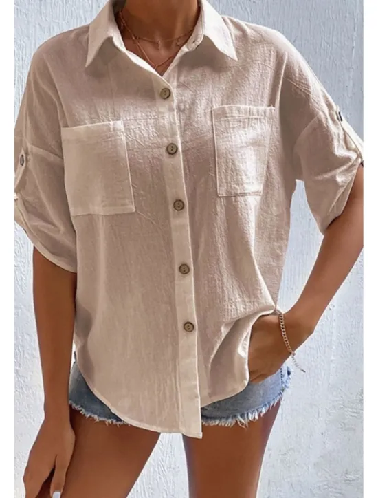 Sale Women's Shirt Cotton Linen Shirts Button Up Blouse Plain Basic Casual Short Sleeve Shirt Collar Regular Tops Holiday Going out Buttons Pocket Black White Navy Blue Khaki Gray Summer Women Shirts