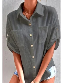 Sale Women's Shirt Cotton Linen Shirts Button Up Blouse Plain Basic Casual Short Sleeve Shirt Collar Regular Tops Holiday Going out Buttons Pocket Black White Navy Blue Khaki Gray Summer Women Shirts