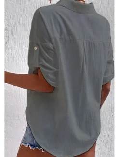 Sale Women's Shirt Cotton Linen Shirts Button Up Blouse Plain Basic Casual Short Sleeve Shirt Collar Regular Tops Holiday Going out Buttons Pocket Black White Navy Blue Khaki Gray Summer Women Shirts