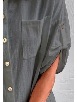 Sale Women's Shirt Cotton Linen Shirts Button Up Blouse Plain Basic Casual Short Sleeve Shirt Collar Regular Tops Holiday Going out Buttons Pocket Black White Navy Blue Khaki Gray Summer Women Shirts