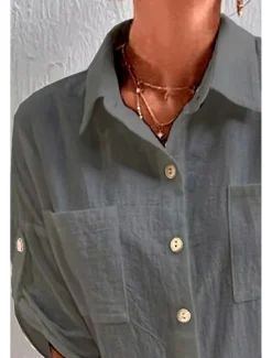 Sale Women's Shirt Cotton Linen Shirts Button Up Blouse Plain Basic Casual Short Sleeve Shirt Collar Regular Tops Holiday Going out Buttons Pocket Black White Navy Blue Khaki Gray Summer Women Shirts