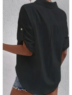 Sale Women's Shirt Cotton Linen Shirts Button Up Blouse Plain Basic Casual Short Sleeve Shirt Collar Regular Tops Holiday Going out Buttons Pocket Black White Navy Blue Khaki Gray Summer Women Shirts