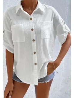 Sale Women's Shirt Cotton Linen Shirts Button Up Blouse Plain Basic Casual Short Sleeve Shirt Collar Regular Tops Holiday Going out Buttons Pocket Black White Navy Blue Khaki Gray Summer Women Shirts