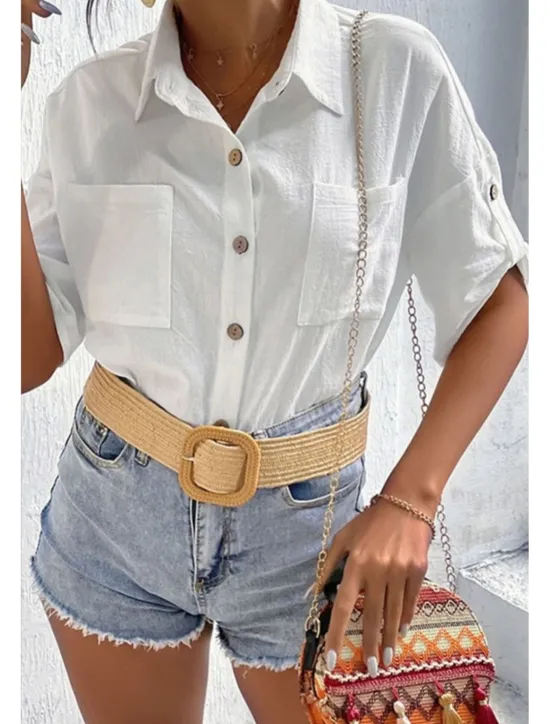 Sale Women's Shirt Cotton Linen Shirts Button Up Blouse Plain Basic Casual Short Sleeve Shirt Collar Regular Tops Holiday Going out Buttons Pocket Black White Navy Blue Khaki Gray Summer Women Shirts