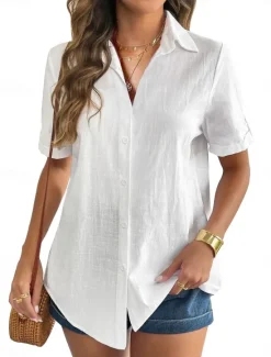 Outlet Women's Shirt Cotton Linen Shirts Button Up Blouse Solid Color Stylish Casual Short Sleeve Shirt Collar Regular Tops Daily Buttons White Blue Summer Spring Women Shirts