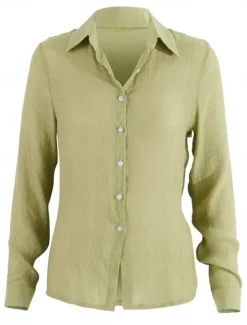 Women's Shirt Cotton Linen Shirts Button Up Blouse Solid Color Basic Casual Long Sleeve Shirt Collar Regular Tops Daily Buttons Yellow Green Summer Spring Women Shirts