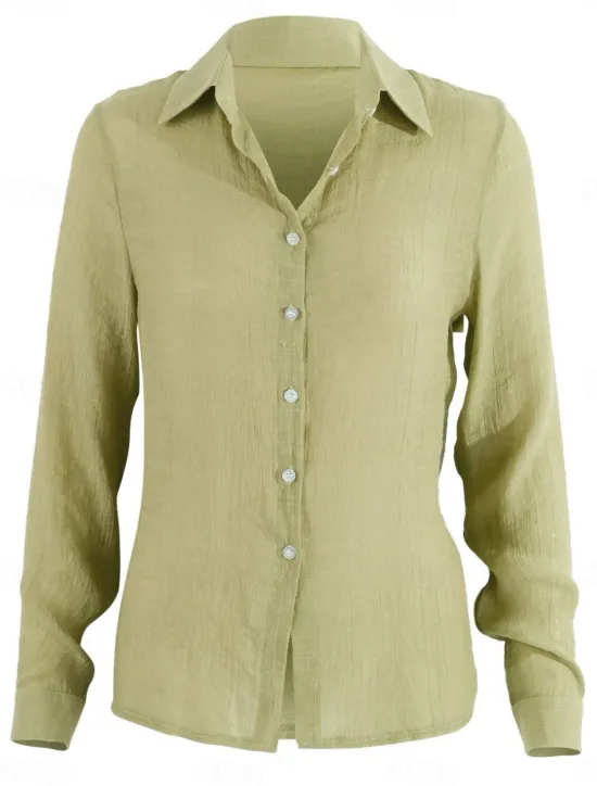 Women's Shirt Cotton Linen Shirts Button Up Blouse Solid Color Basic Casual Long Sleeve Shirt Collar Regular Tops Daily Buttons Yellow Green Summer Spring Women Shirts