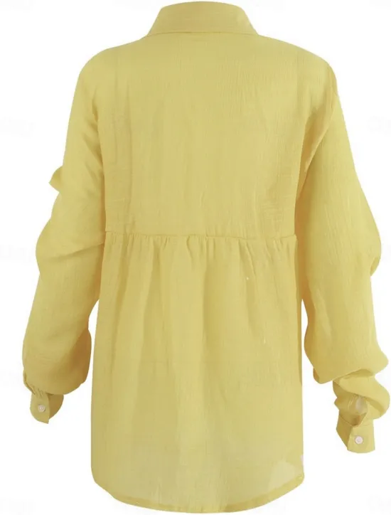 Women's Shirt Cotton Linen Shirts Button Up Blouse Solid Color Basic Casual Long Sleeve Shirt Collar Regular Tops Daily Buttons Yellow Green Summer Spring Women Shirts
