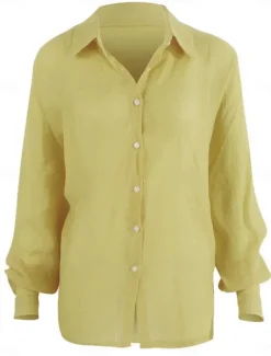 Women's Shirt Cotton Linen Shirts Button Up Blouse Solid Color Basic Casual Long Sleeve Shirt Collar Regular Tops Daily Buttons Yellow Green Summer Spring Women Shirts