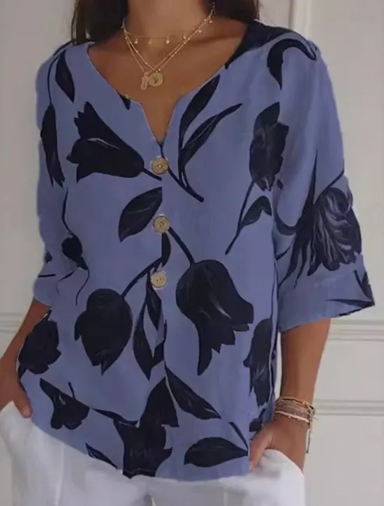Best Women's Shirt Cotton Linen Shirts Button Up Blouse Floral Casual 3/4 Length Sleeve V Neck Regular Tops Vacation Daily Buttons Print White Yellow Red Blue Spring & Summer Women Shirts