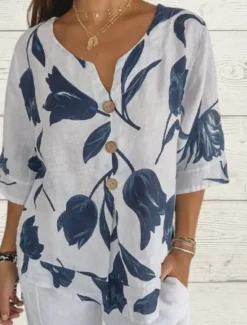Best Women's Shirt Cotton Linen Shirts Button Up Blouse Floral Casual 3/4 Length Sleeve V Neck Regular Tops Vacation Daily Buttons Print White Yellow Red Blue Spring & Summer Women Shirts