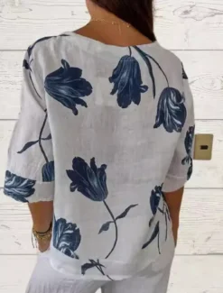 Best Women's Shirt Cotton Linen Shirts Button Up Blouse Floral Casual 3/4 Length Sleeve V Neck Regular Tops Vacation Daily Buttons Print White Yellow Red Blue Spring & Summer Women Shirts