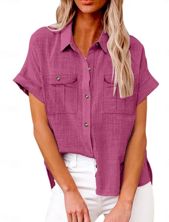 Women's Shirt Cotton Linen Shirts Button Up Blouse Solid Color Stylish Casual Short Sleeve Shirt Collar Regular Tops Daily Buttons Pocket Silver Army Green Rose Pink Summer Women Shirts