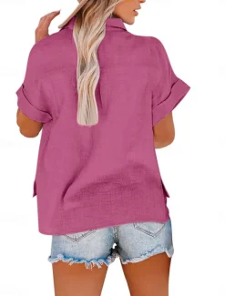 Women's Shirt Cotton Linen Shirts Button Up Blouse Solid Color Stylish Casual Short Sleeve Shirt Collar Regular Tops Daily Buttons Pocket Silver Army Green Rose Pink Summer Women Shirts