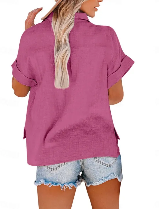Women's Shirt Cotton Linen Shirts Button Up Blouse Solid Color Stylish Casual Short Sleeve Shirt Collar Regular Tops Daily Buttons Pocket Silver Army Green Rose Pink Summer Women Shirts