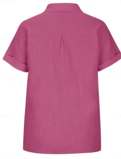 Women's Shirt Cotton Linen Shirts Button Up Blouse Solid Color Stylish Casual Short Sleeve Shirt Collar Regular Tops Daily Buttons Pocket Silver Army Green Rose Pink Summer Women Shirts