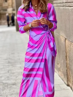 New Women's Shirt Dress Bodycon Wrap Dress Maxi long Dress Outdoor Daily Fashion Boho Shirt Collar Ruched Split Long Sleeve Summer Fall Spring 2023 Regular Fit Orange Green Women Casual Dress