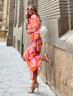 New Women's Shirt Dress Bodycon Wrap Dress Maxi long Dress Outdoor Daily Fashion Boho Shirt Collar Ruched Split Long Sleeve Summer Fall Spring 2023 Regular Fit Orange Green Women Casual Dress