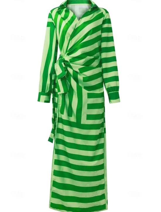 New Women's Shirt Dress Bodycon Wrap Dress Maxi long Dress Outdoor Daily Fashion Boho Shirt Collar Ruched Split Long Sleeve Summer Fall Spring 2023 Regular Fit Orange Green Women Casual Dress