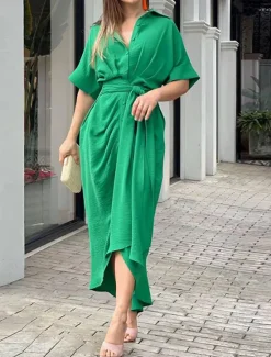 Best Women's Shirt Dress Casual Dress Sheath Dress Midi Dress Date Vacation Basic Modern Shirt Collar Ruched Button Short Sleeve Summer Spring Loose Fit Plain Women White Dresses