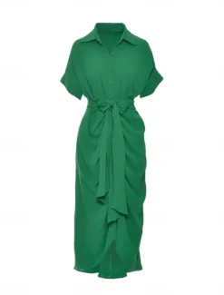 Best Women's Shirt Dress Casual Dress Sheath Dress Midi Dress Date Vacation Basic Modern Shirt Collar Ruched Button Short Sleeve Summer Spring Loose Fit Plain Women White Dresses