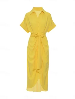 Best Women's Shirt Dress Casual Dress Sheath Dress Midi Dress Date Vacation Basic Modern Shirt Collar Ruched Button Short Sleeve Summer Spring Loose Fit Plain Women White Dresses