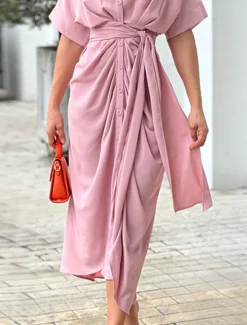 Best Women's Shirt Dress Casual Dress Sheath Dress Midi Dress Date Vacation Basic Modern Shirt Collar Ruched Button Short Sleeve Summer Spring Loose Fit Plain Women White Dresses