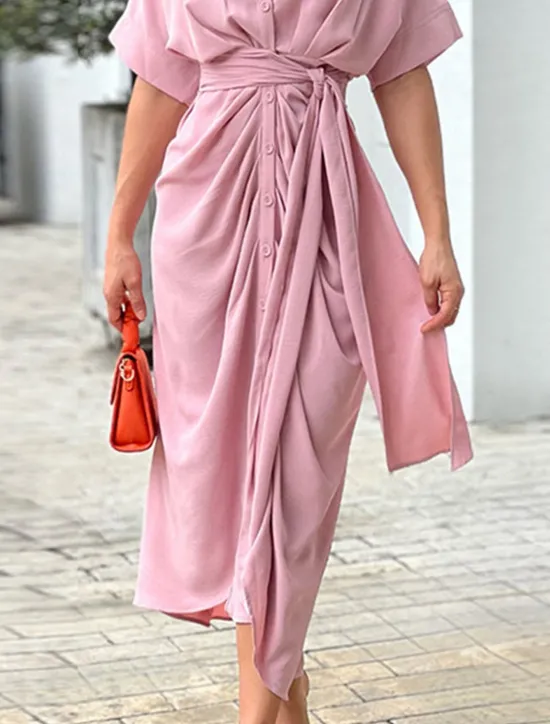 Best Women's Shirt Dress Casual Dress Sheath Dress Midi Dress Date Vacation Basic Modern Shirt Collar Ruched Button Short Sleeve Summer Spring Loose Fit Plain Women White Dresses