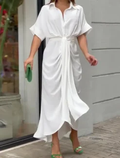 Best Women's Shirt Dress Casual Dress Sheath Dress Midi Dress Date Vacation Basic Modern Shirt Collar Ruched Button Short Sleeve Summer Spring Loose Fit Plain Women White Dresses