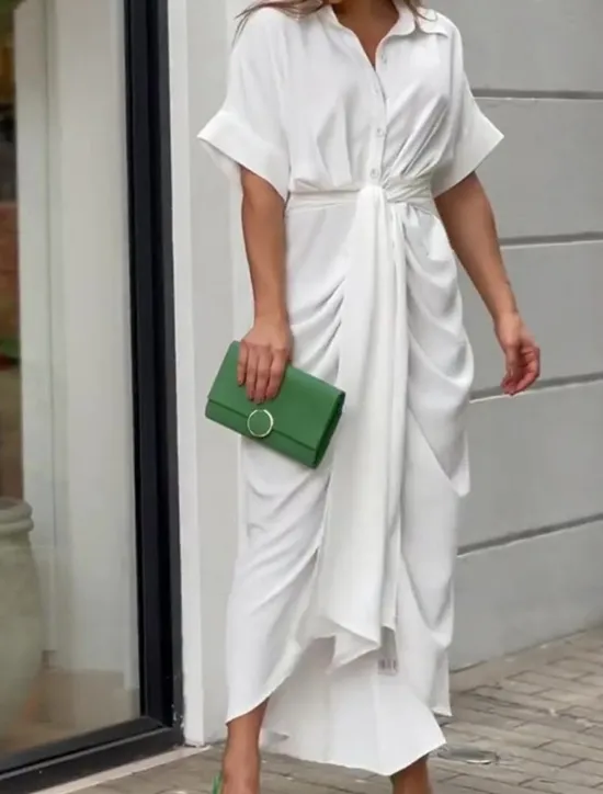 Best Women's Shirt Dress Casual Dress Sheath Dress Midi Dress Date Vacation Basic Modern Shirt Collar Ruched Button Short Sleeve Summer Spring Loose Fit Plain Women White Dresses