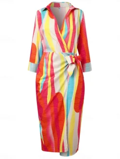 New Women's Shirt Dress Casual Dress Color Block Rainbow Patchwork Print Shirt Collar Maxi long Dress Stylish Casual Daily Long Sleeve Fall Winter Women Casual Dress