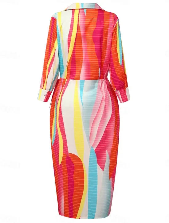 New Women's Shirt Dress Casual Dress Color Block Rainbow Patchwork Print Shirt Collar Maxi long Dress Stylish Casual Daily Long Sleeve Fall Winter Women Casual Dress