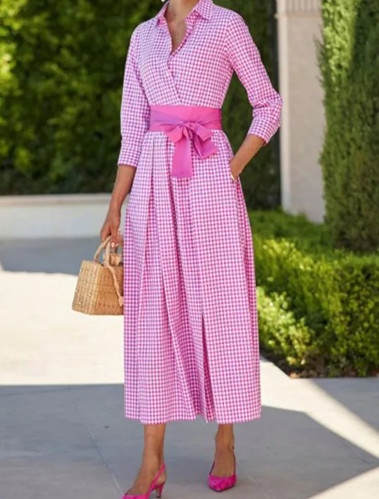Discount Women's Shirt Dress Casual Dress Maxi long Dress Date Vacation Modern Casual Shirt Collar Lace up Button Long Sleeve Summer Spring Regular Fit Plaid Women Work Dresses