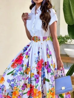 Clearance Women's Shirt Dress Casual Dress Swing Dress Maxi long Dress Outdoor Daily Date Fashion Modern Shirt Collar Button Print Short Sleeve Summer Spring Loose Fit Floral Women Vacation Dresses