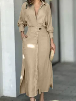 Online Women's Shirt Dress Long Dress Maxi Dress Pocket Split Daily Date Vacation Active Fashion Shirt Collar Long Sleeve Black White Pink Color Women Work Dresses