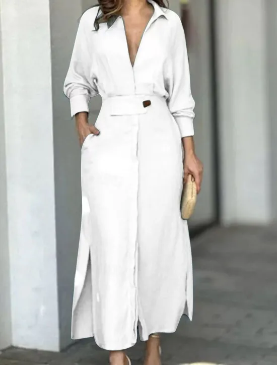 Online Women's Shirt Dress Long Dress Maxi Dress Pocket Split Daily Date Vacation Active Fashion Shirt Collar Long Sleeve Black White Pink Color Women Work Dresses