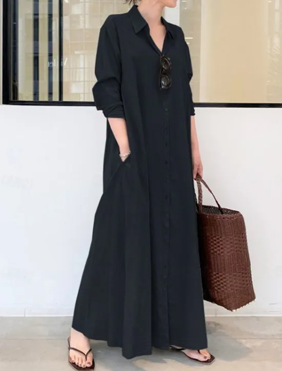 Outlet Women's Shirt Dress Maxi Dress Button Pocket Casual Shirt Collar Long Sleeve Black Green Coffee Color Women Work Dresses