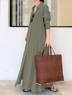 Outlet Women's Shirt Dress Maxi Dress Button Pocket Casual Shirt Collar Long Sleeve Black Green Coffee Color Women Work Dresses