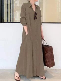 Outlet Women's Shirt Dress Maxi Dress Button Pocket Casual Shirt Collar Long Sleeve Black Green Coffee Color Women Work Dresses