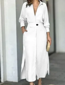 Hot Women's Shirt Dress Maxi long Dress Office Daily Basic Modern Shirt Collar Pocket Long Sleeve Summer Spring Regular Fit Plain Women White Dresses