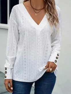 Sale Women's Shirt Elegant Fashion Casual Mesh Long Sleeve Regular Tops V Neck Daily White Pink Blue Spring Fall Women Lace Tops