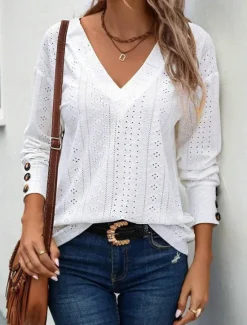 Sale Women's Shirt Elegant Fashion Casual Mesh Long Sleeve Regular Tops V Neck Daily White Pink Blue Spring Fall Women Lace Tops