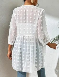 New Women's Shirt Elegant Ladies Solid Color Eyelet Asymmetric Hem Long Sleeve V Neck Daily Black White Spring Fall Winter Women Blouses & Shirts