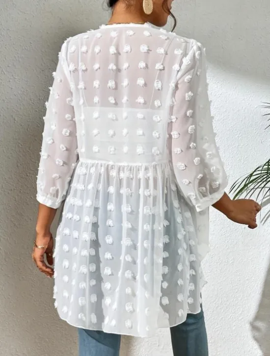 New Women's Shirt Elegant Ladies Solid Color Eyelet Asymmetric Hem Long Sleeve V Neck Daily Black White Spring Fall Winter Women Blouses & Shirts