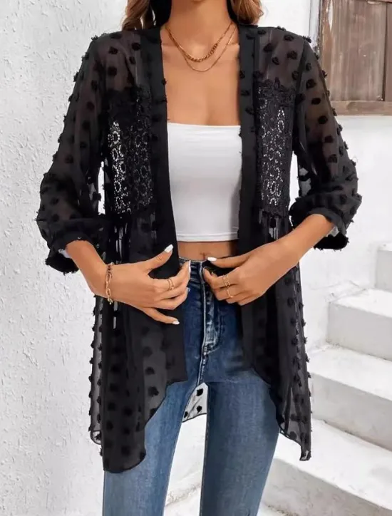 New Women's Shirt Elegant Ladies Solid Color Eyelet Asymmetric Hem Long Sleeve V Neck Daily Black White Spring Fall Winter Women Blouses & Shirts