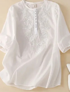 Clearance Women's Shirt Floral Basic Casual Half Sleeve Crew Neck Regular Tops Daily Ruched Embroidered Buttons White Yellow Blue Khaki Summer Women Shirts