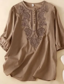 Clearance Women's Shirt Floral Basic Casual Half Sleeve Crew Neck Regular Tops Daily Ruched Embroidered Buttons White Yellow Blue Khaki Summer Women Shirts