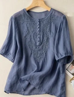Clearance Women's Shirt Floral Basic Casual Half Sleeve Crew Neck Regular Tops Daily Ruched Embroidered Buttons White Yellow Blue Khaki Summer Women Shirts