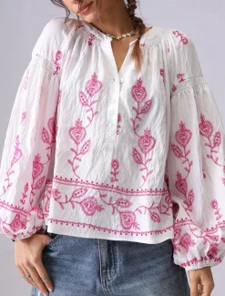 Outlet Women's Shirt Floral Elegant Bohemia Vintage Long Sleeve Lantern Sleeve V Neck Crop Tops Daily Holiday Going out Embroidered Off-white embroidered plum red-WHITE 2# apricot embroidery light Women Blouses & Shirts